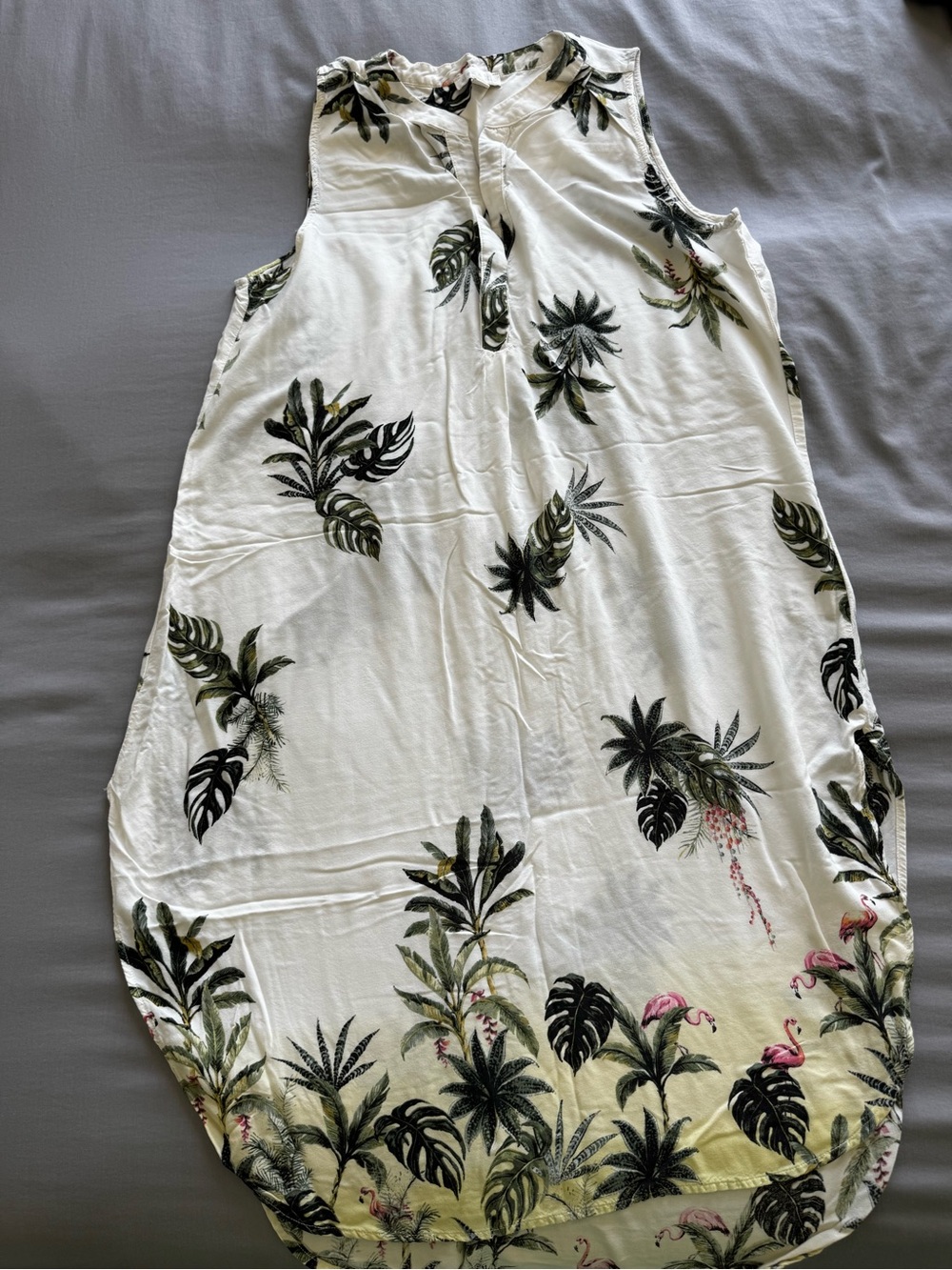 Sleeveless White Tropical Print Swim Coverup with Flamingo Detail
